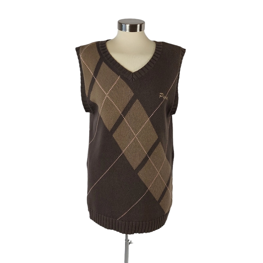 Puma Brown Men’s V-Neck Ribbed Pullover Sleeveless Argyle Sweater